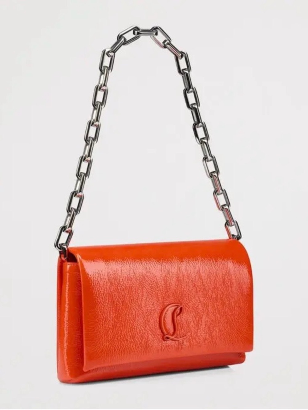 Christian Louboutin Bright Orange Patent Leather Shoulder Bag with Silver Chain